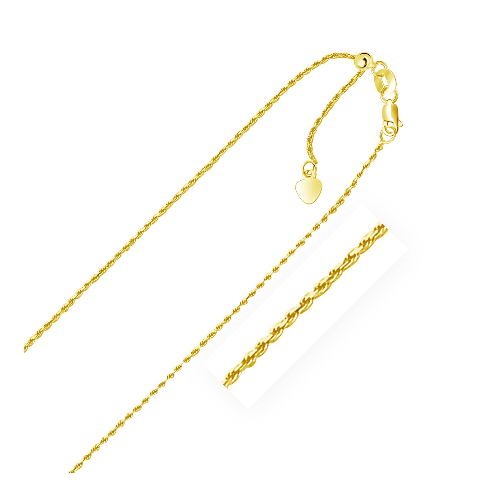 Cadena de cuerda ajustable de oro amarillo de 10k y 1.0mm