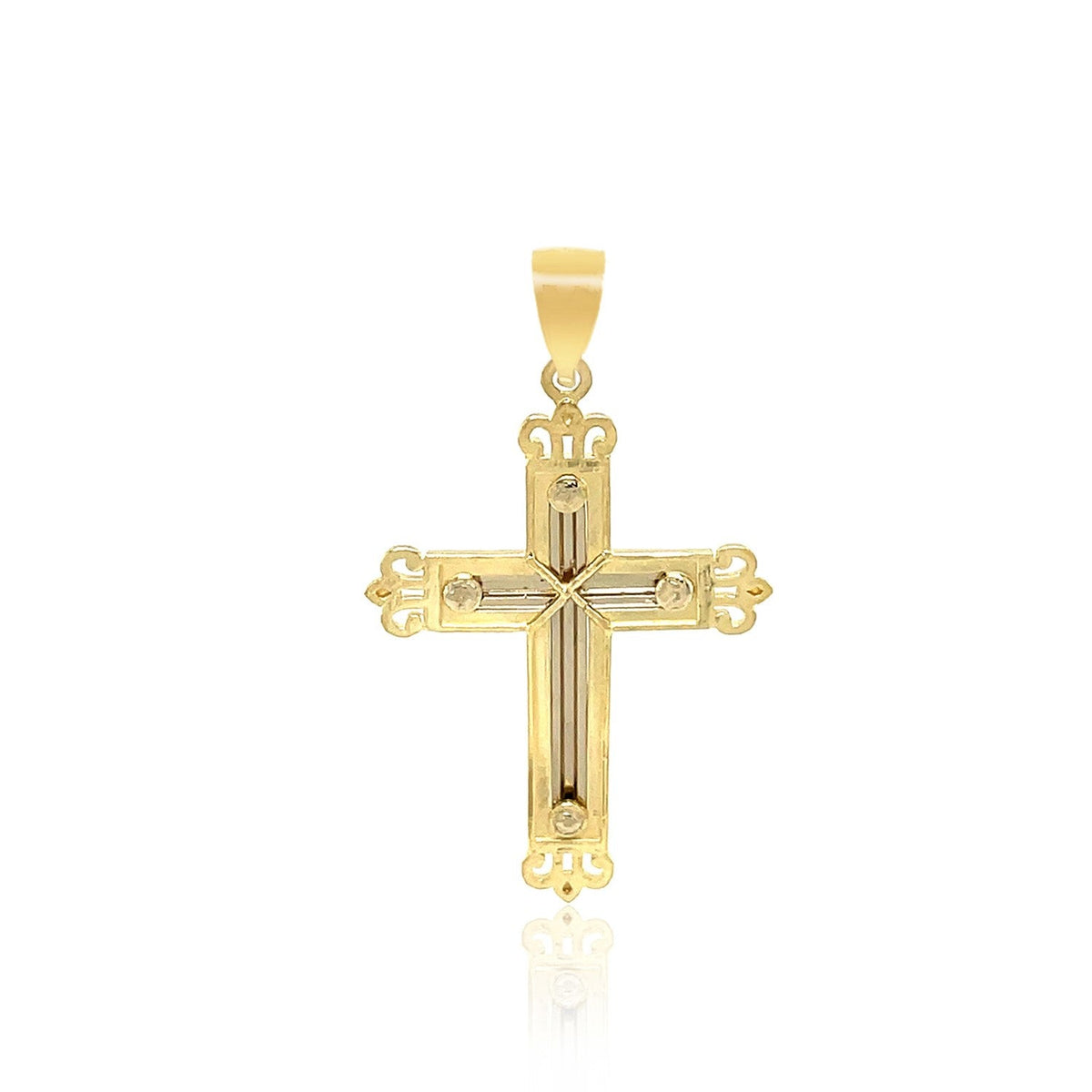 Colgante de cruz de oro bicolor de 14k con un estilo ornamentado de brotes