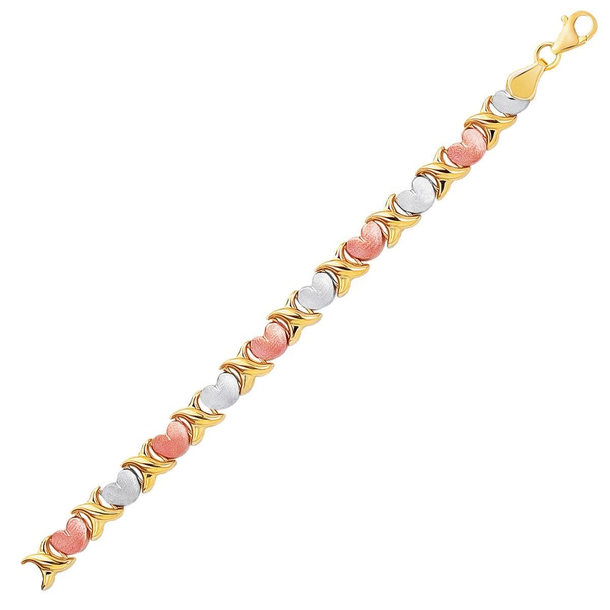 Pulsera de línea de corazones elegante satinada de oro tricolor de 14k