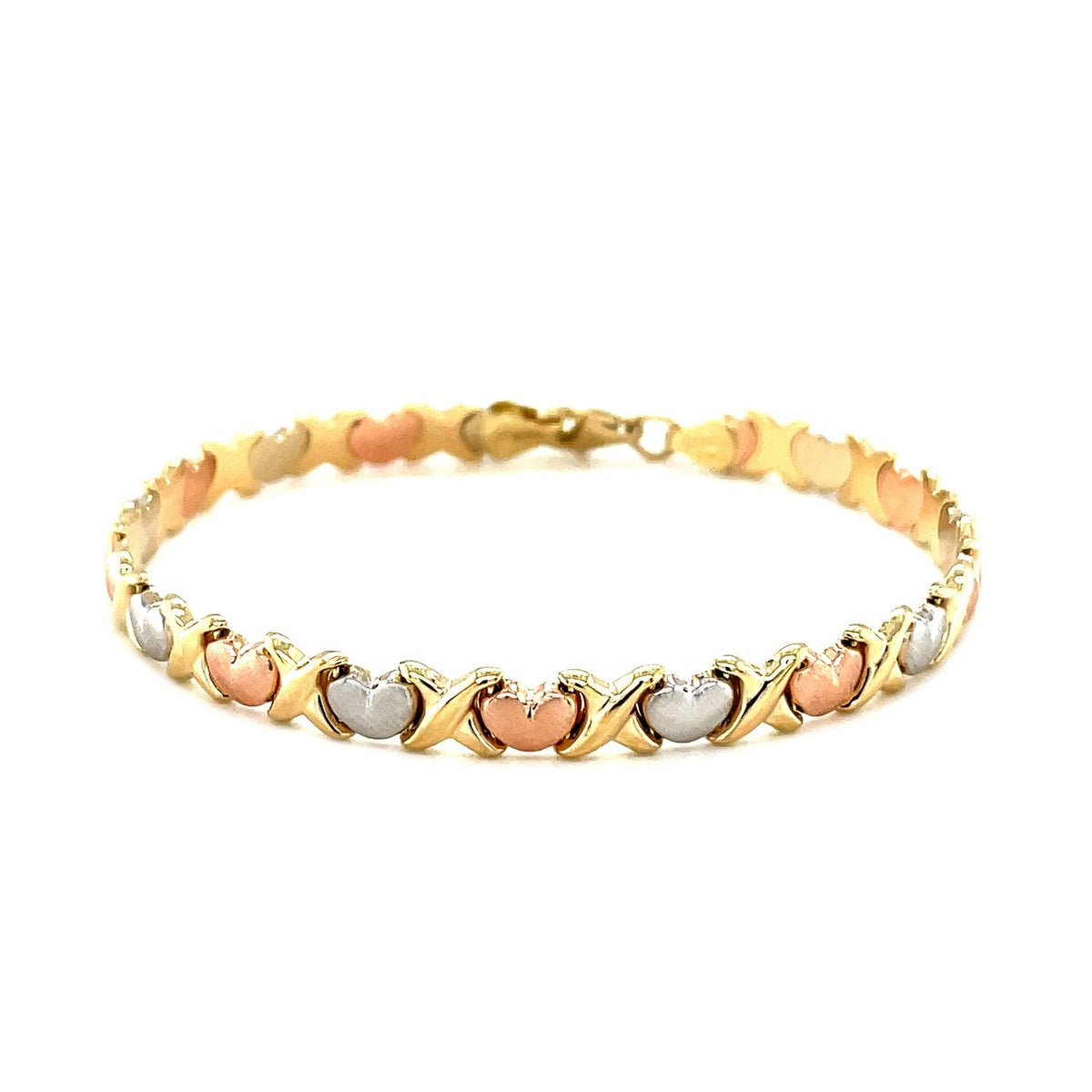 Pulsera de línea de corazones elegante satinada de oro tricolor de 14k