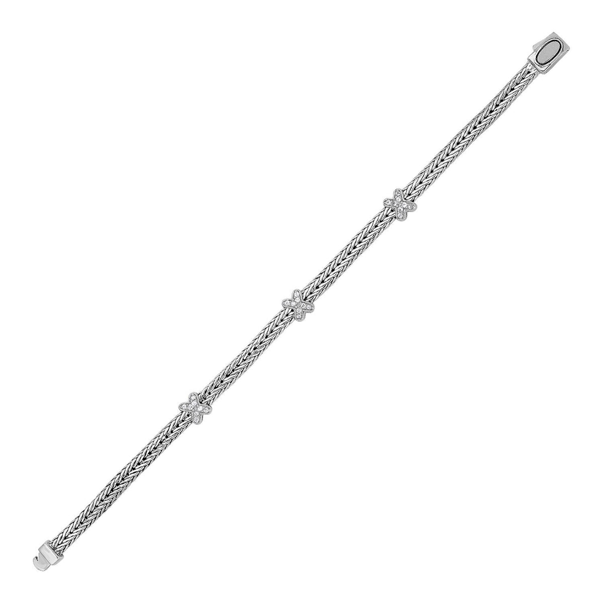 Pulsera de cuerda trenzada con detalles en X de zafiro blanco en plata esterlina