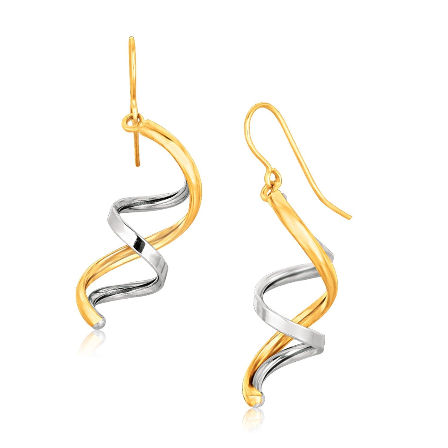 Pendientes colgantes pulidos de doble hélice de oro bicolor de 14k
