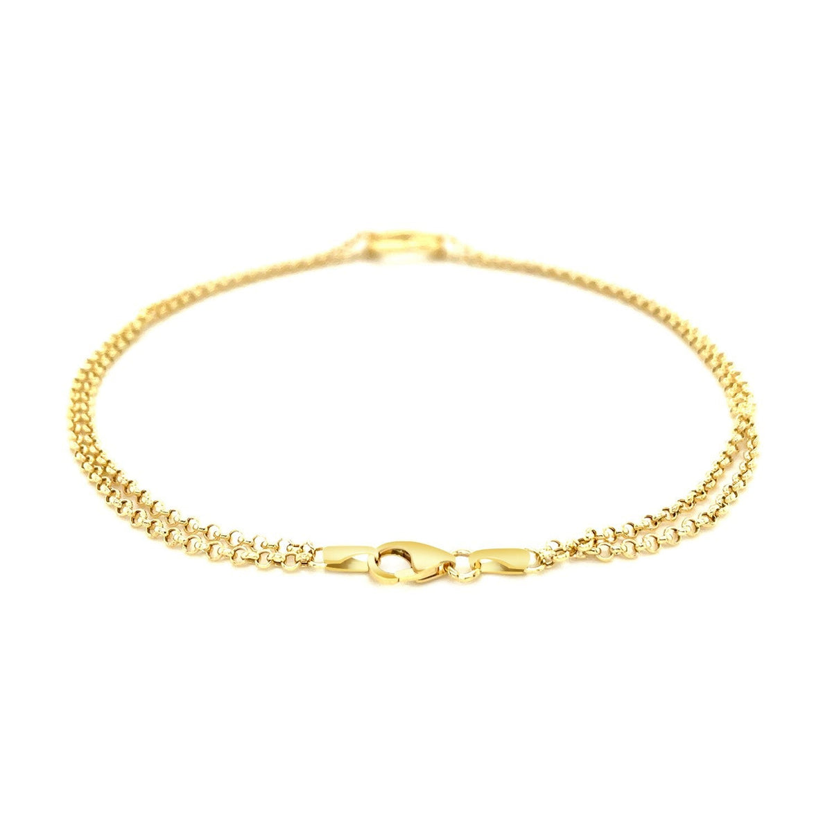 Tobillera de cadena rolo doble de oro amarillo de 14k con estación de corazón abierto