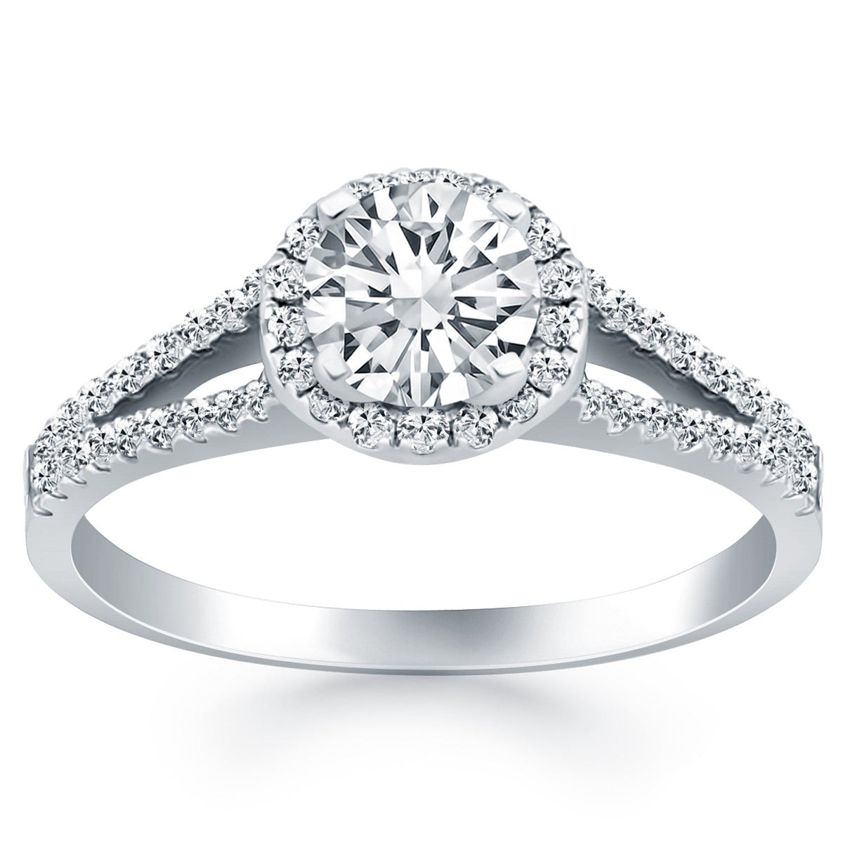 Anillo de compromiso de oro blanco de 14k con halo de diamantes y brazo dividido