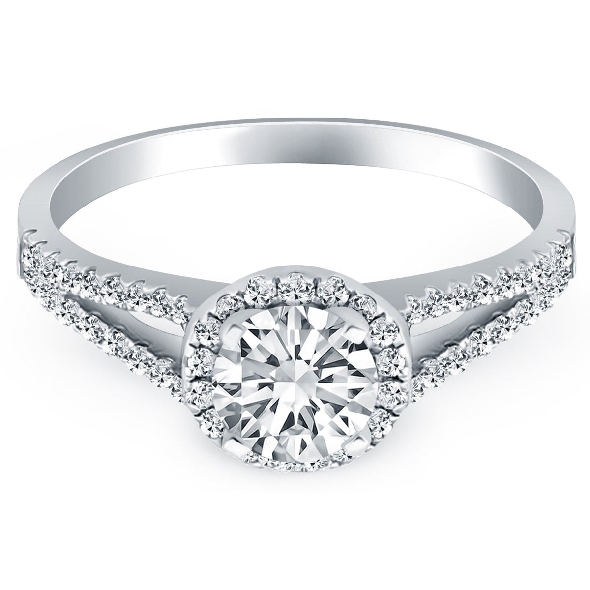 Anillo de compromiso de oro blanco de 14k con halo de diamantes y brazo dividido
