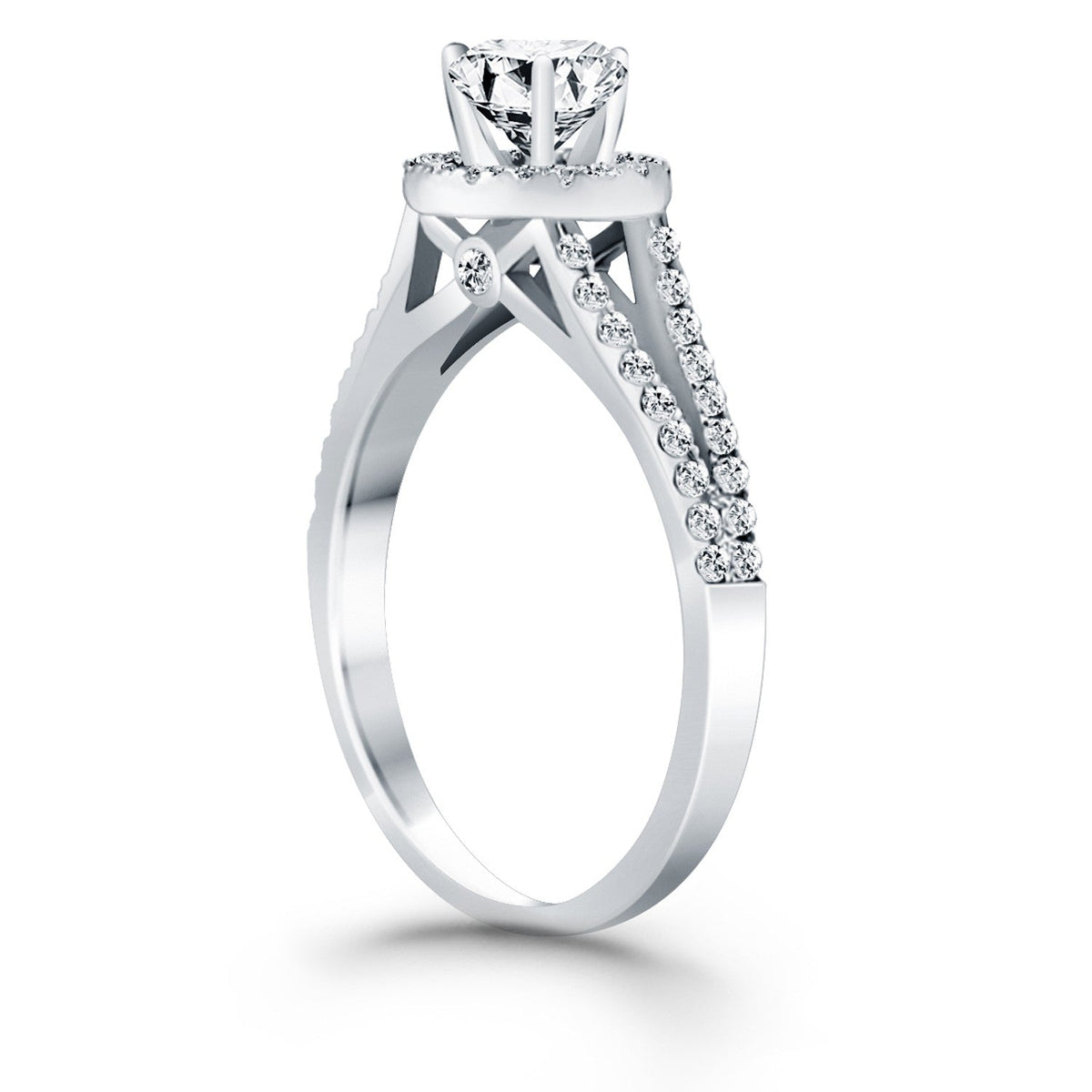 Anillo de compromiso de oro blanco de 14k con halo de diamantes y brazo dividido
