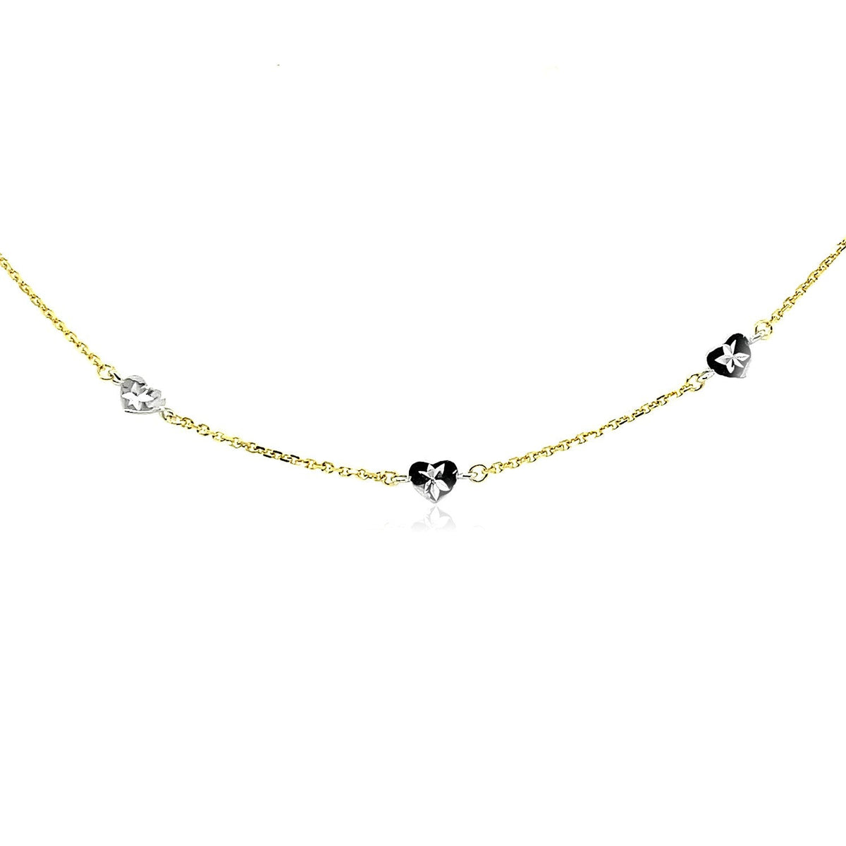 Tobillera de oro de 14k de dos tonos con estaciones de corazón de estilo tallado con diamante