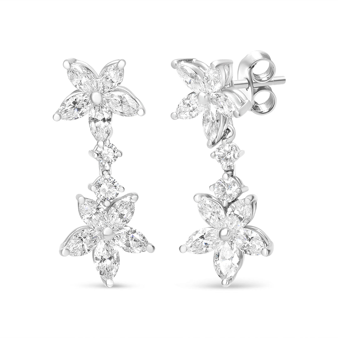 Pendientes colgantes florales de marquesa con diamantes de oro blanco de 18k y 6.0 Cttw (color E-F, claridad VS1-VS2)