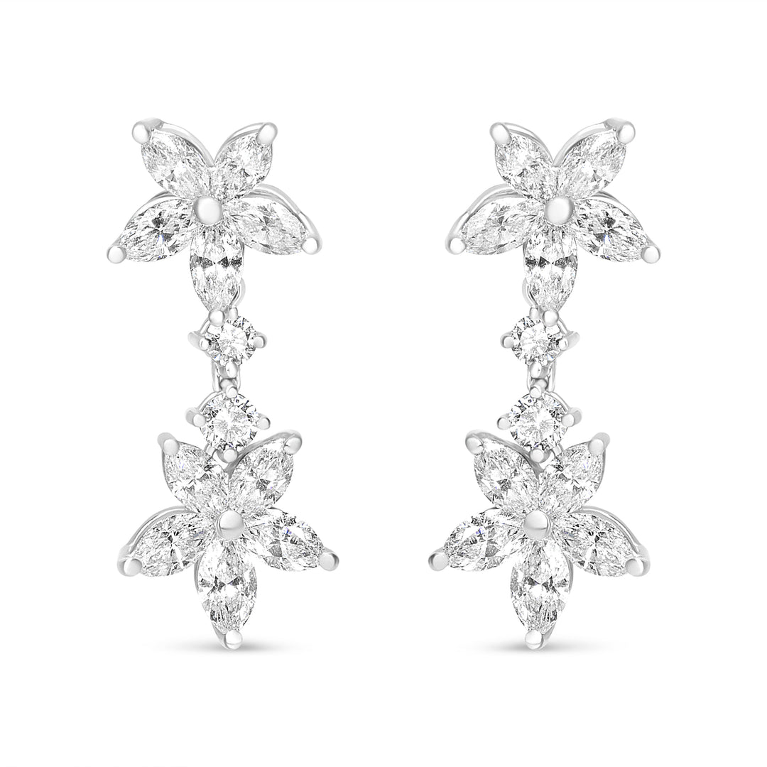 Pendientes colgantes florales de marquesa con diamantes de oro blanco de 18k y 6.0 Cttw (color E-F, claridad VS1-VS2)