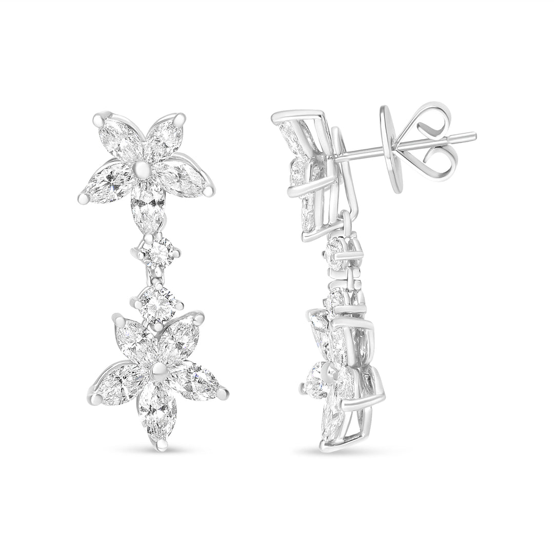 Pendientes colgantes florales de marquesa con diamantes de oro blanco de 18k y 6.0 Cttw (color E-F, claridad VS1-VS2)