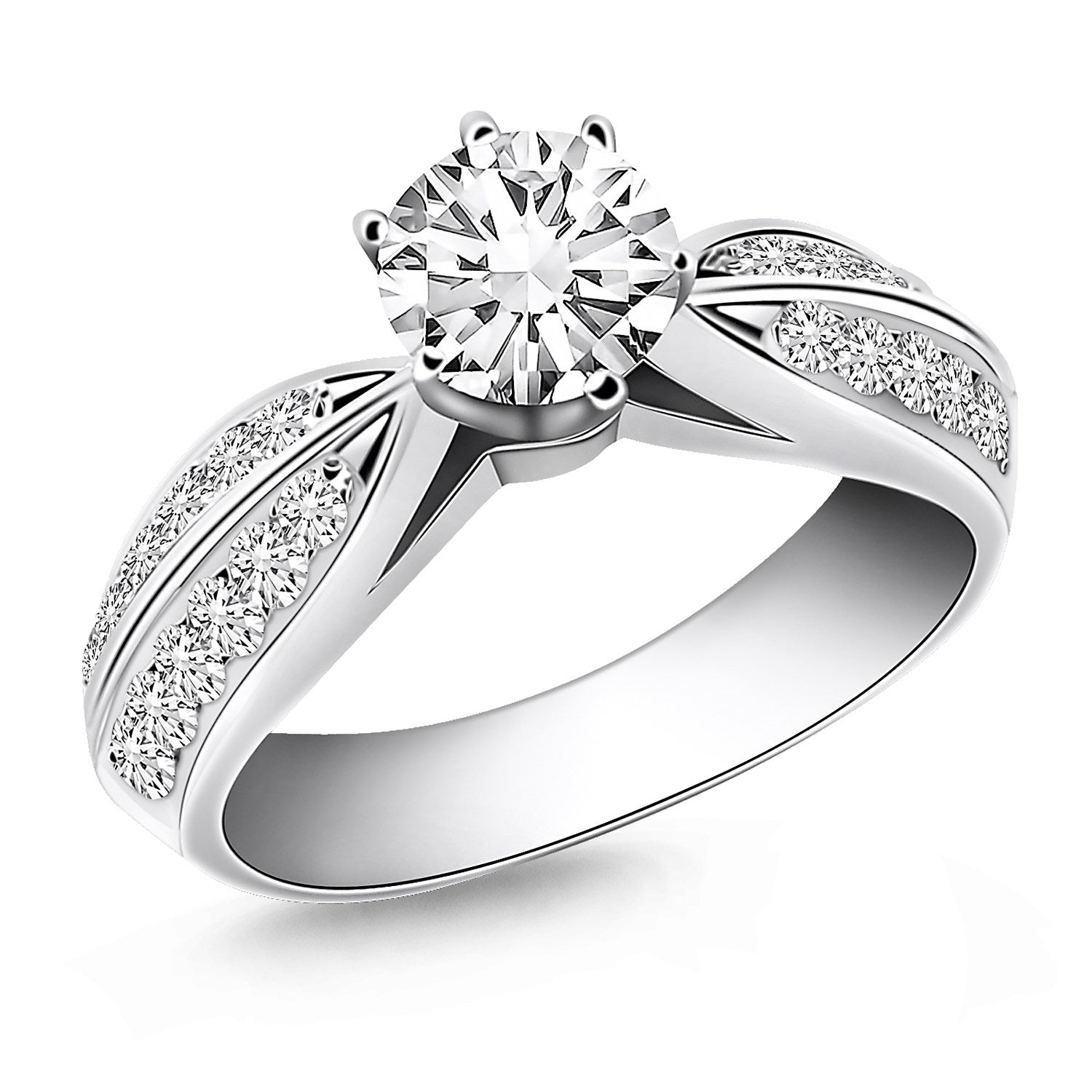Anillo de compromiso de oro blanco de 14 quilates con diamantes pavé de doble fila tipo catedral