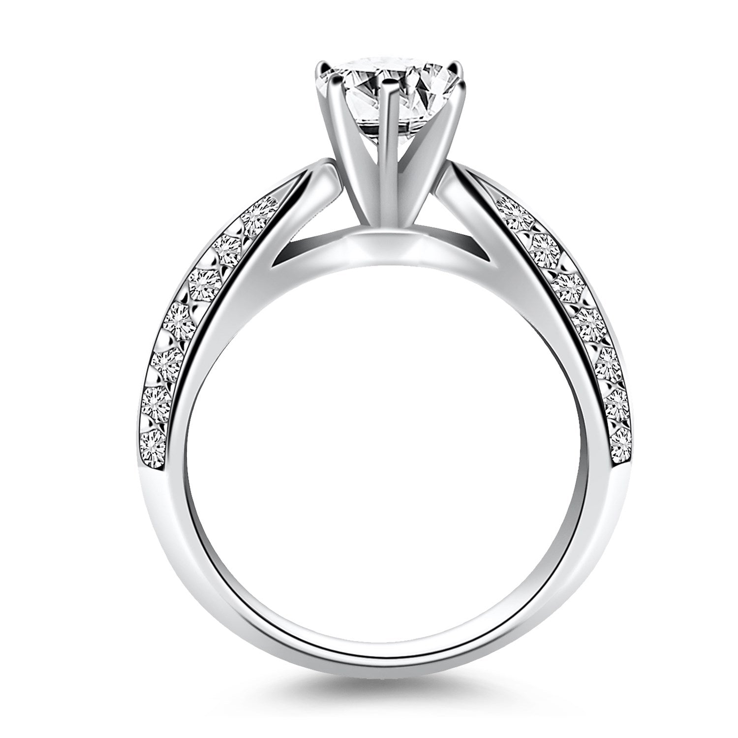 Anillo de compromiso de oro blanco de 14 quilates con diamantes pavé de doble fila tipo catedral