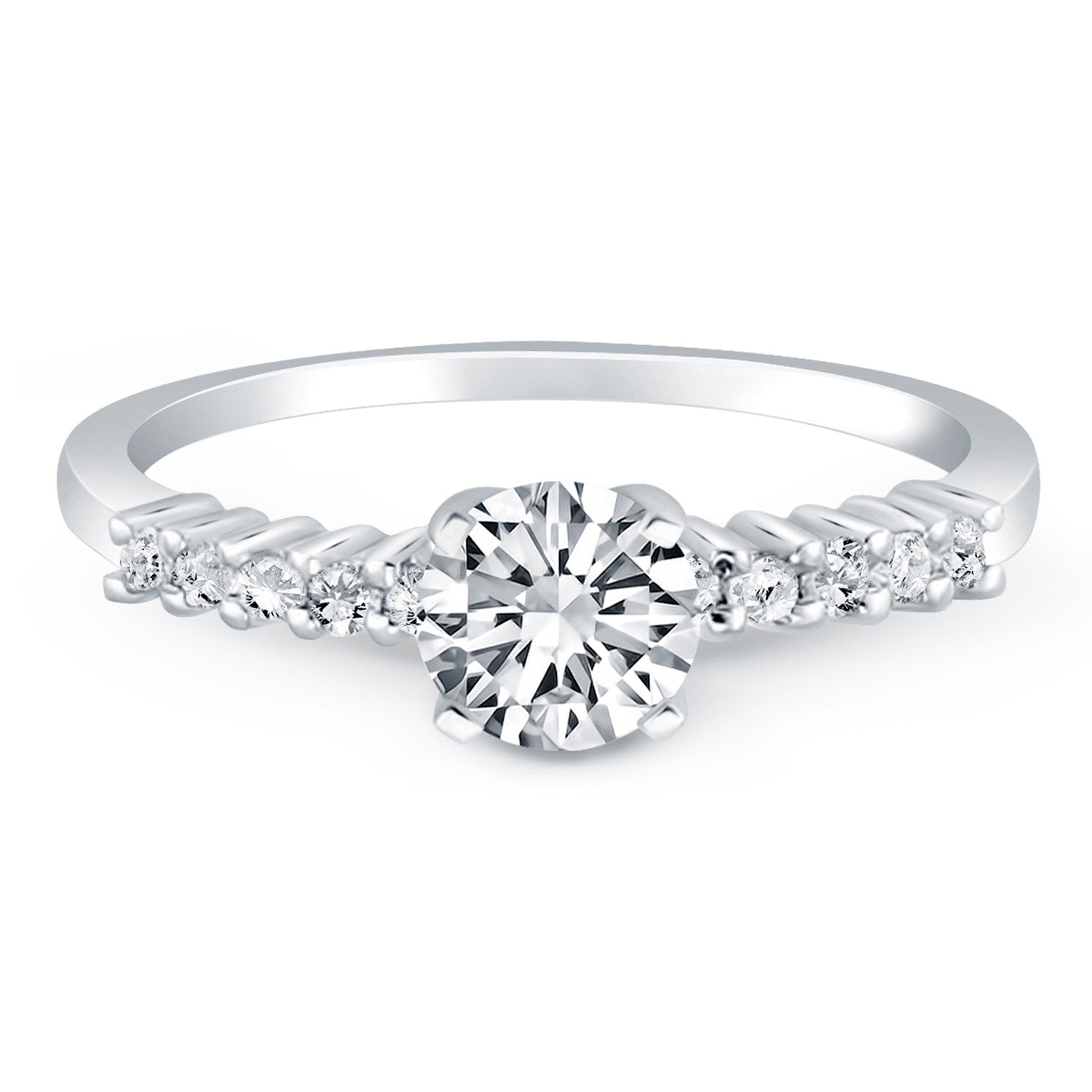 Anillo de compromiso de oro blanco de 14k con diamantes de acento de garra compartida