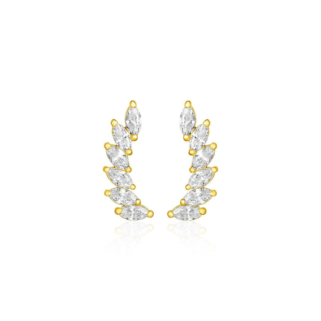 14k Yellow Gold Leaf Motif Climber Post Earrings with Marquise Cubic Zirconias