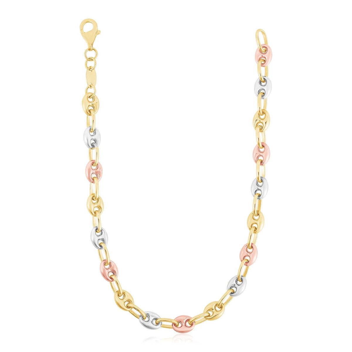 Cadena de eslabones marineros inflados de oro tricolor de 14k de alto pulido