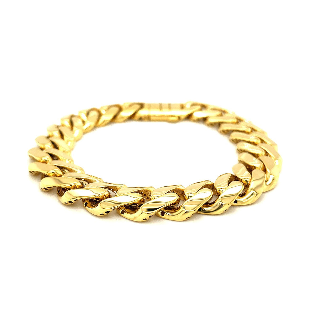 Pulsera de cadena barbada ancha pulida de oro amarillo de 14k y 8 1/2 pulgadas