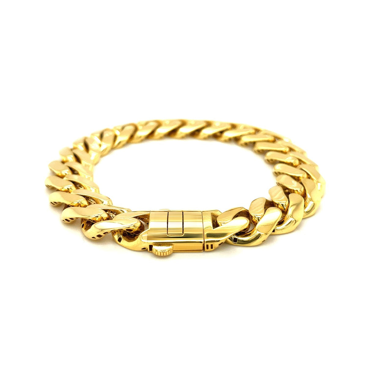 Pulsera de cadena barbada ancha pulida de oro amarillo de 14k y 8 1/2 pulgadas