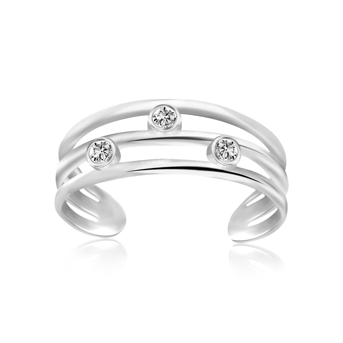 Anillo de dedo de plata esterlina con baño de rodio, motivo abierto de triple línea y circonita cúbica