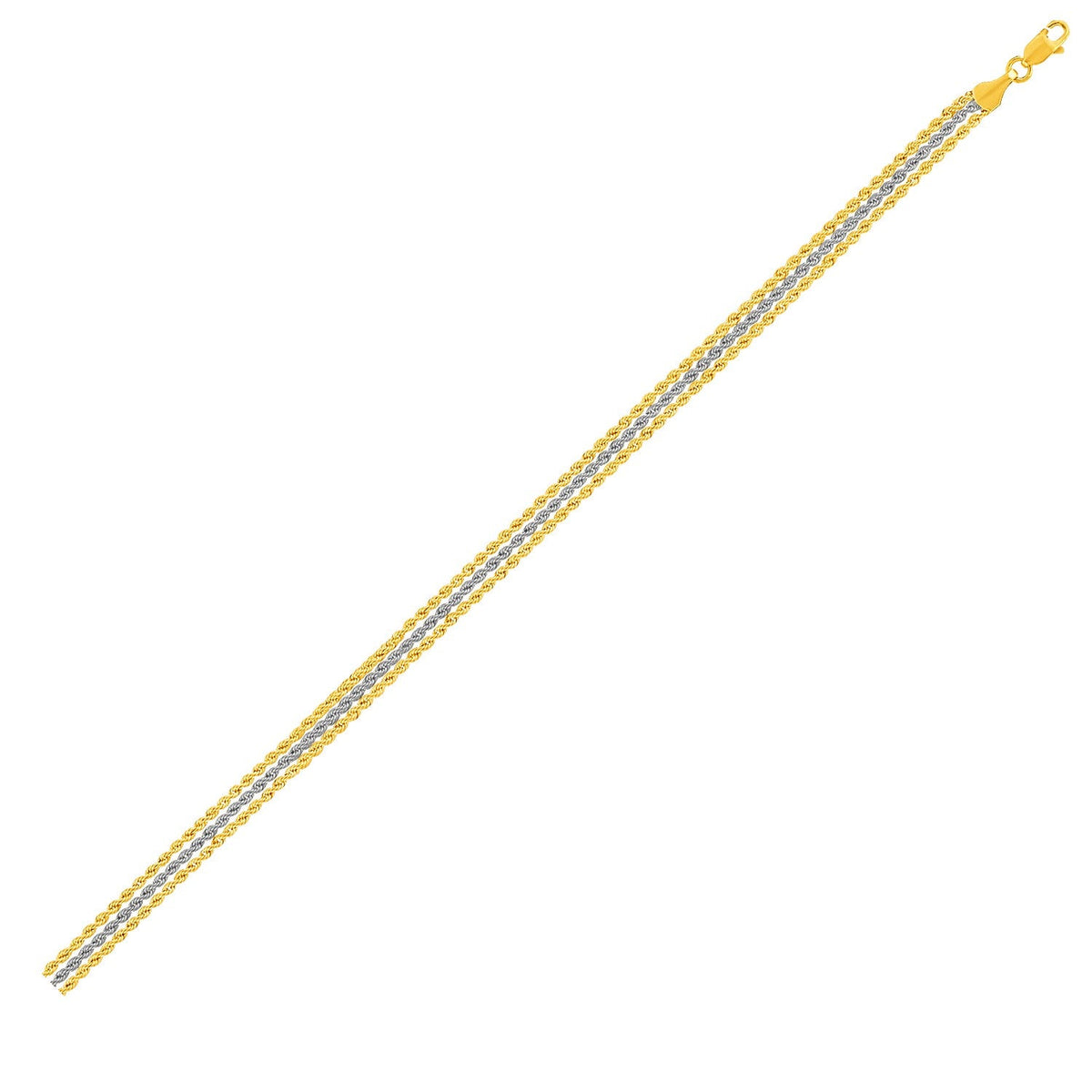 Pulsera de cadena de cuerda de triple hebra en oro de dos tonos de 10k