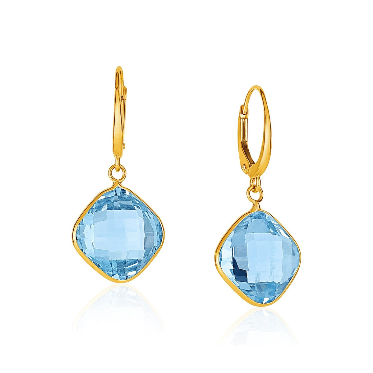 Pendientes colgantes con briolettes de topacio azul talla cojín en oro amarillo de 14k