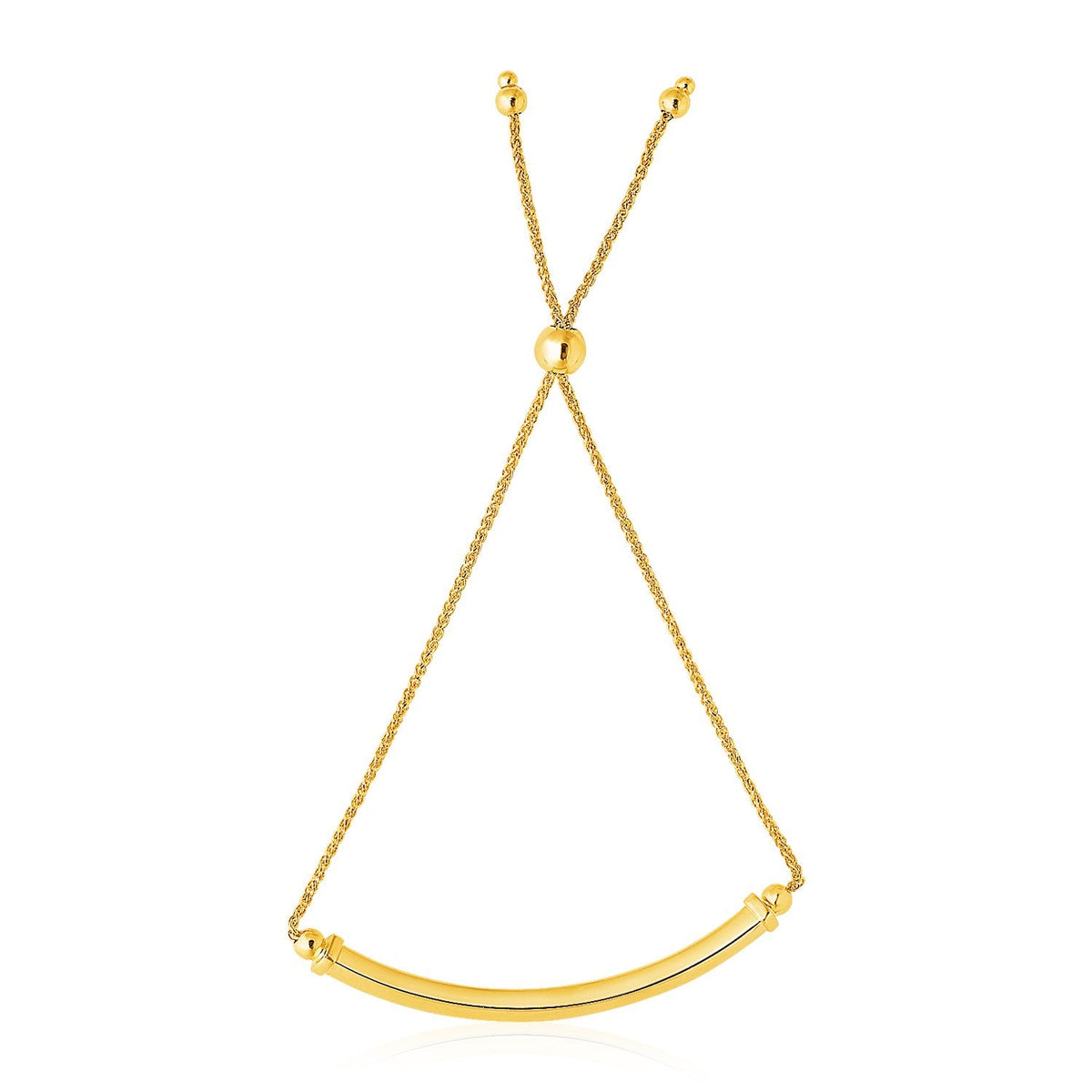Pulsera de oro amarillo de 14k tipo lariat con barra curva pulida