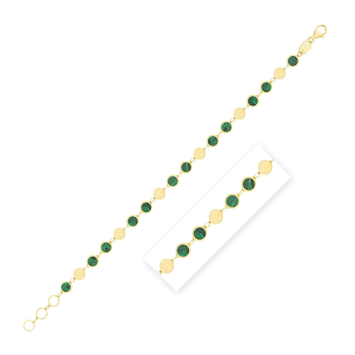 Pulsera de cadena de oro amarillo de 14k con malaquita, gema de espejo geométrica (5.00 mm)