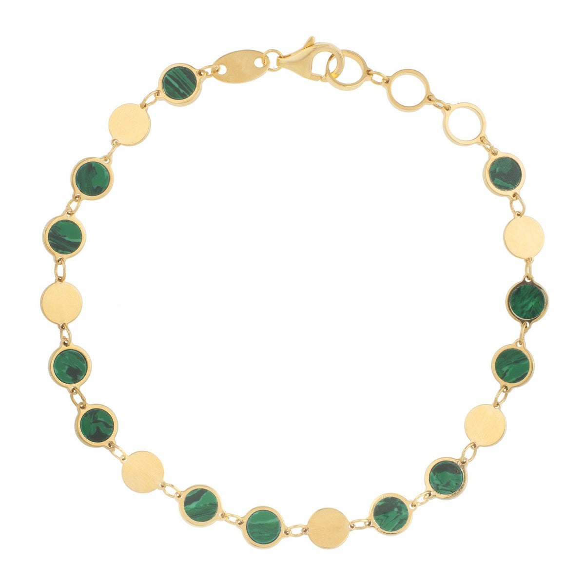 Pulsera de cadena de oro amarillo de 14k con malaquita, gema de espejo geométrica (5.00 mm)