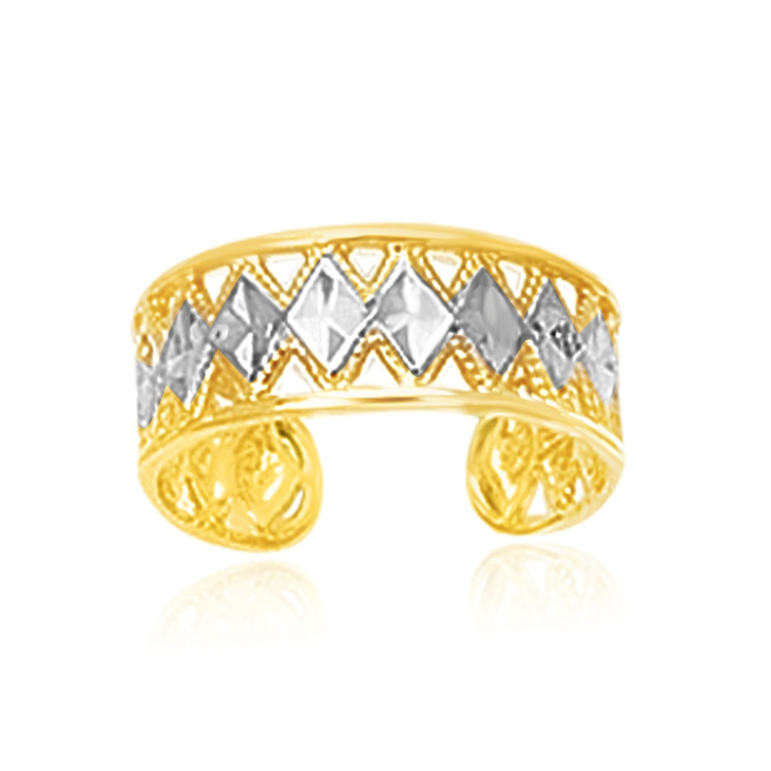 Anillo de pie tipo brazalete de oro bicolor de 14k con diseño de diamante troquelado