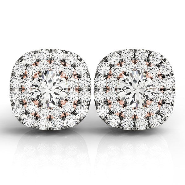 Pendientes de diamantes con halo en forma de cojín de oro blanco y rosa de 14k (3/4 quilates en total)
