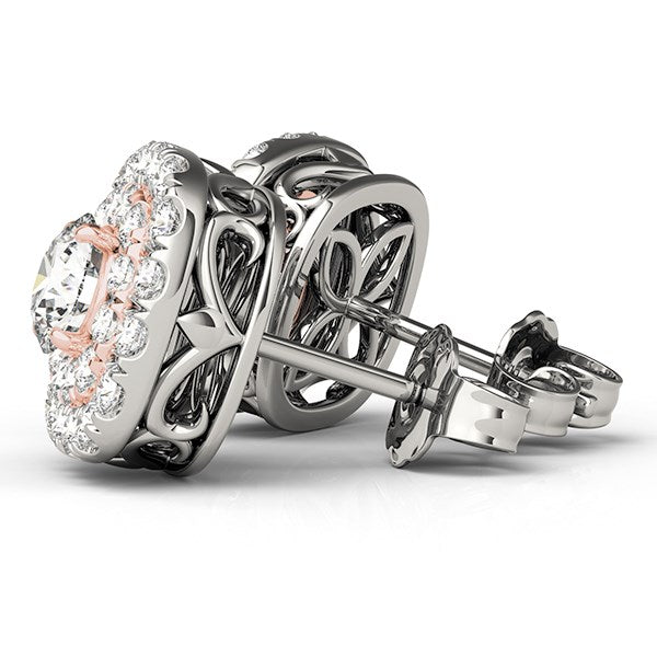 Pendientes de diamantes con halo en forma de cojín de oro blanco y rosa de 14k (3/4 quilates en total)