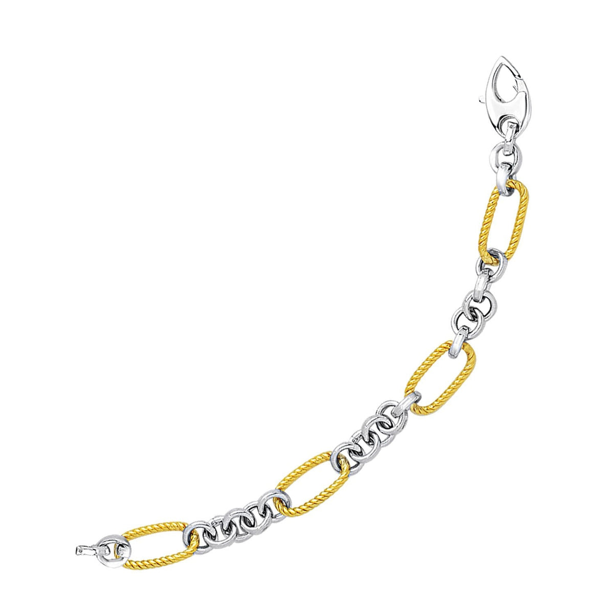 Pulsera de oro de dos tonos de 14k con eslabones ovalados y redondos de cable texturizado