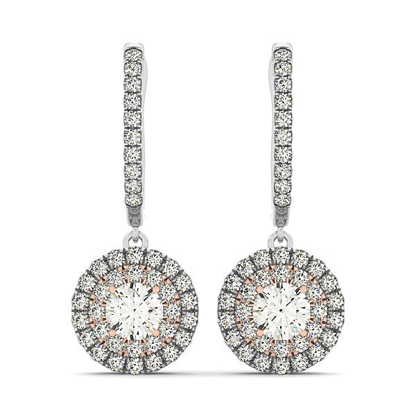 Aretes colgantes de oro blanco y rosa de 14 quilates con diamantes y diseño de halo (3/4 quilates en total)