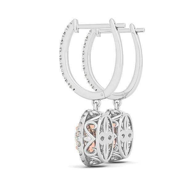 Aretes colgantes de oro blanco y rosa de 14 quilates con diamantes y diseño de halo (3/4 quilates en total)