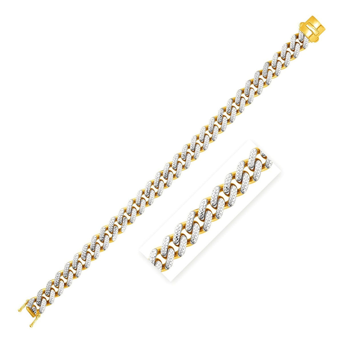 Pulsera de cadena barbada de oro de 14k de dos tonos y 8 1/4 pulgadas con pavé blanco