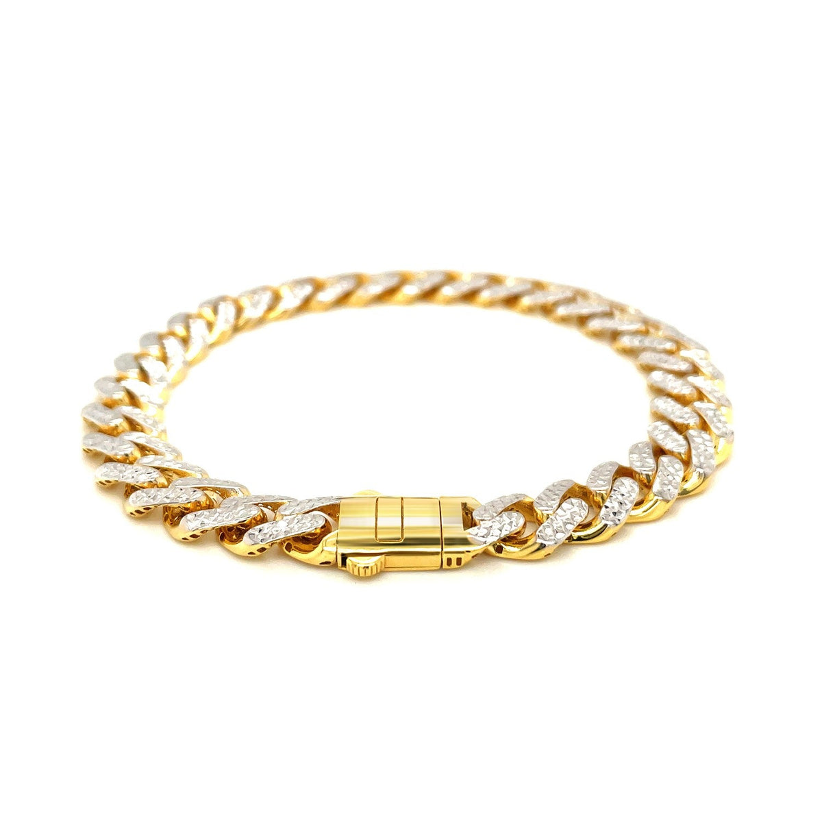 Pulsera de cadena barbada de oro de 14k de dos tonos y 8 1/4 pulgadas con pavé blanco