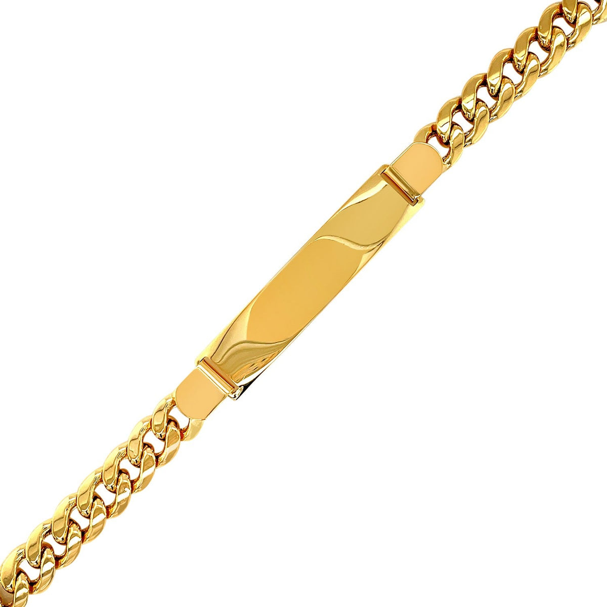 Pulsera de cadena cubana de oro amarillo de 14k para hombre con placa de identificación