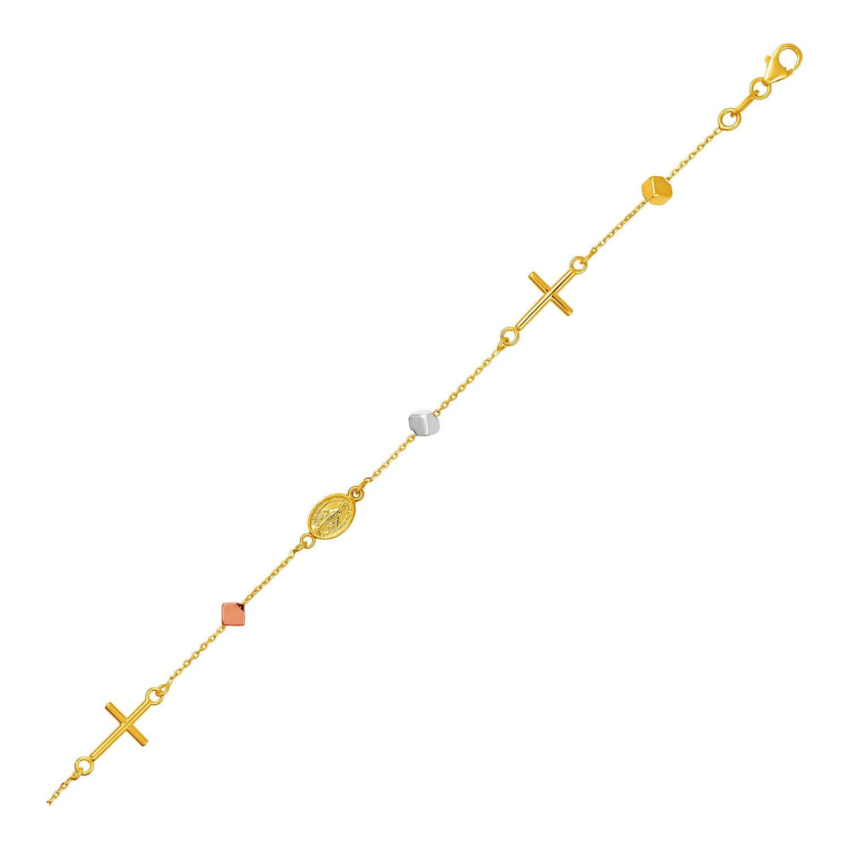 Pulsera de oro tricolor de 14k con cruces, cubos y medallones