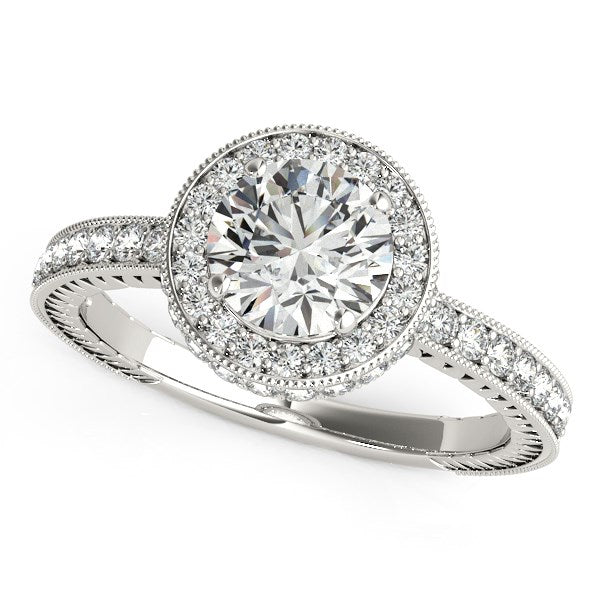 Anillo de compromiso de oro blanco de 14 quilates con borde milgrain y pavé de diamantes (1,5 ct. p.t.)