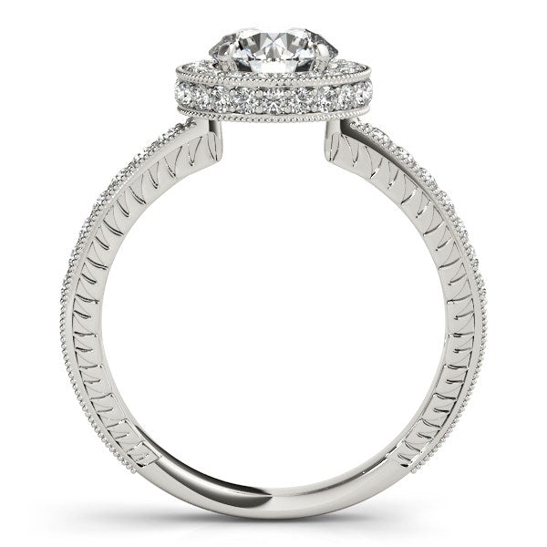 Anillo de compromiso de oro blanco de 14 quilates con borde milgrain y pavé de diamantes (1,5 ct. p.t.)