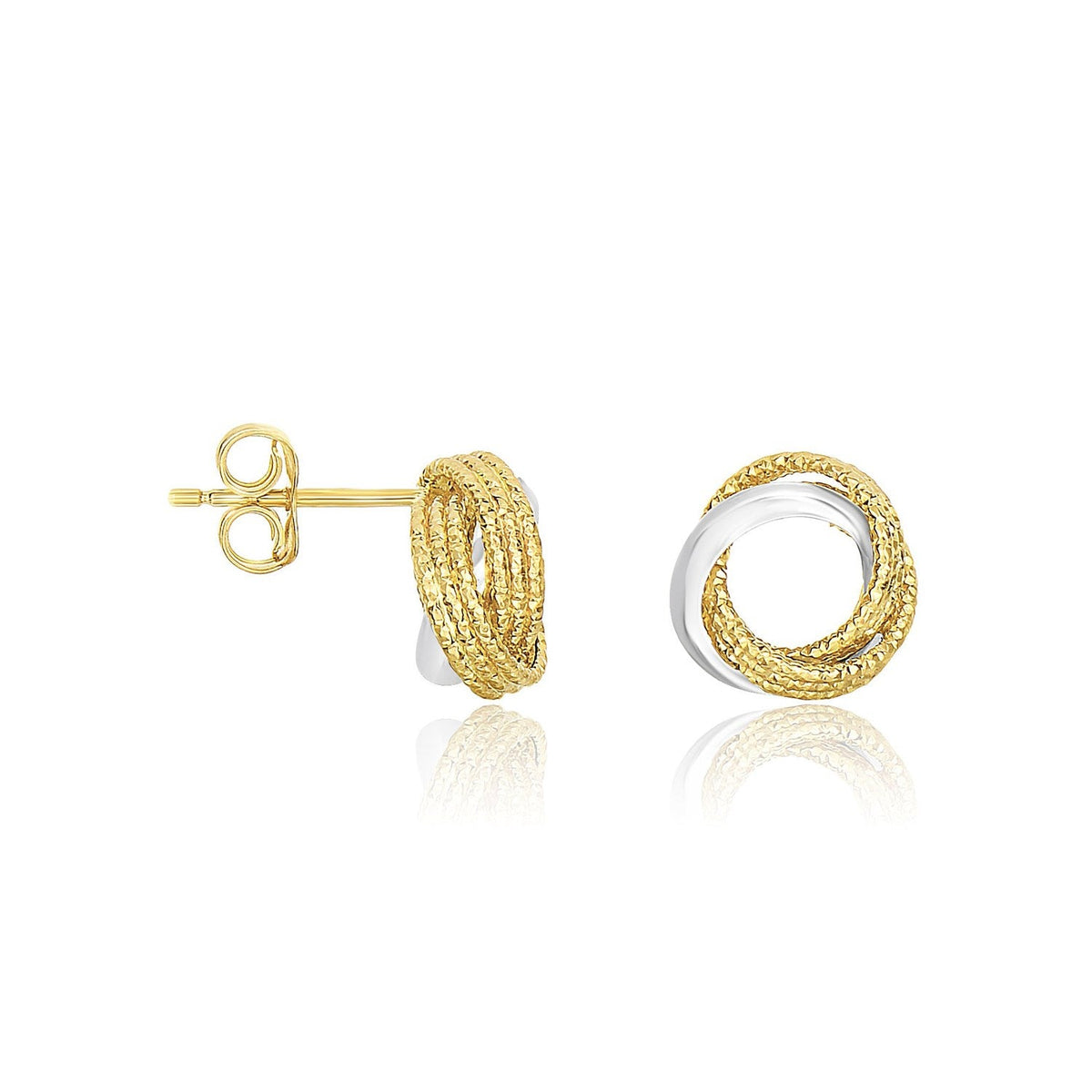 Pendientes entrelazados de estilo circular abierto con varias texturas de oro bicolor de 14k