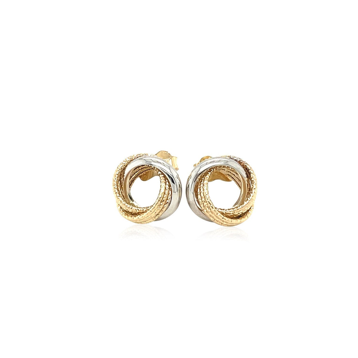 Pendientes entrelazados de estilo circular abierto con varias texturas de oro bicolor de 14k
