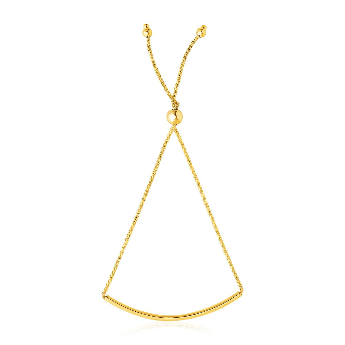 Pulsera de diseño lariat con barra curva lisa de oro amarillo de 14k
