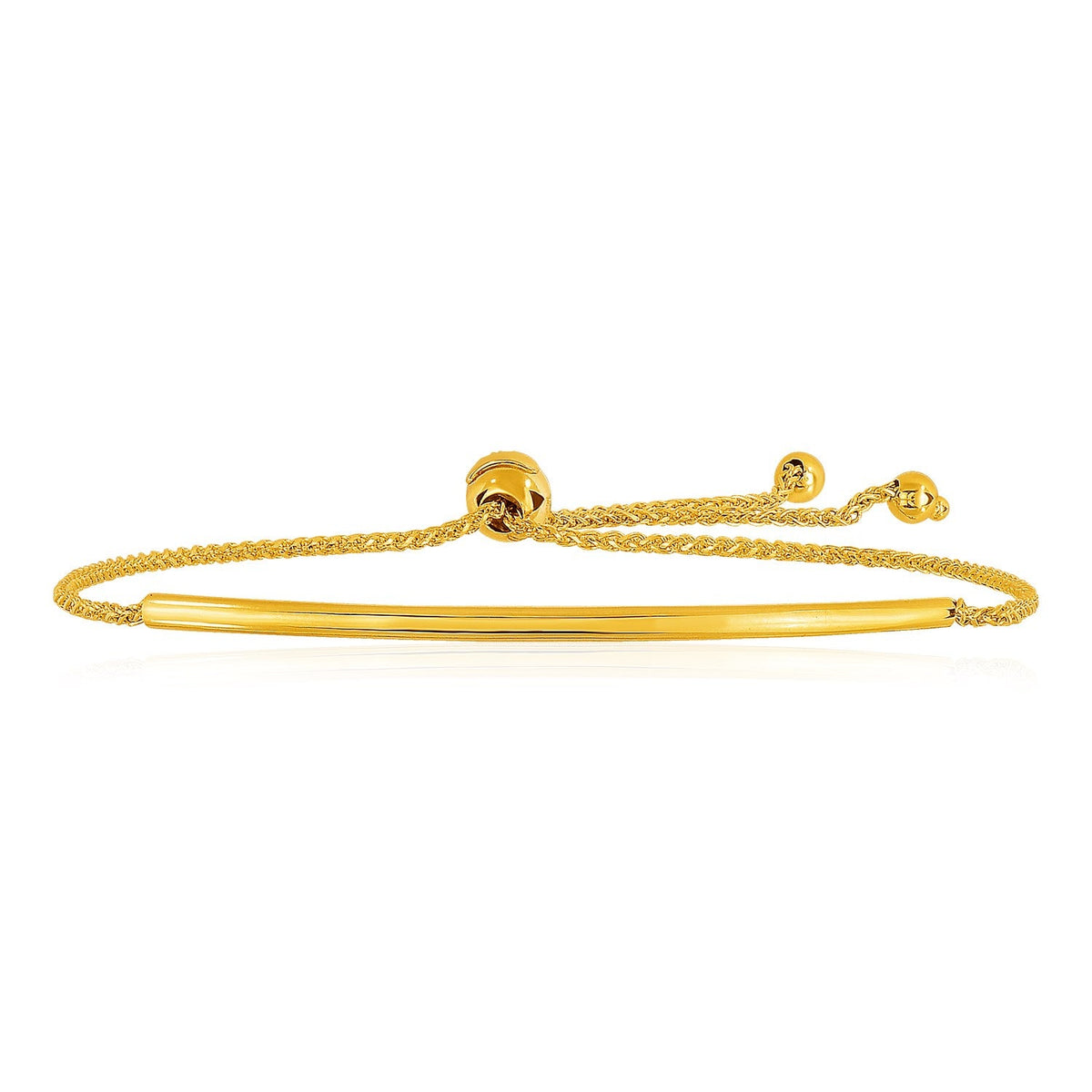 Pulsera de diseño lariat con barra curva lisa de oro amarillo de 14k