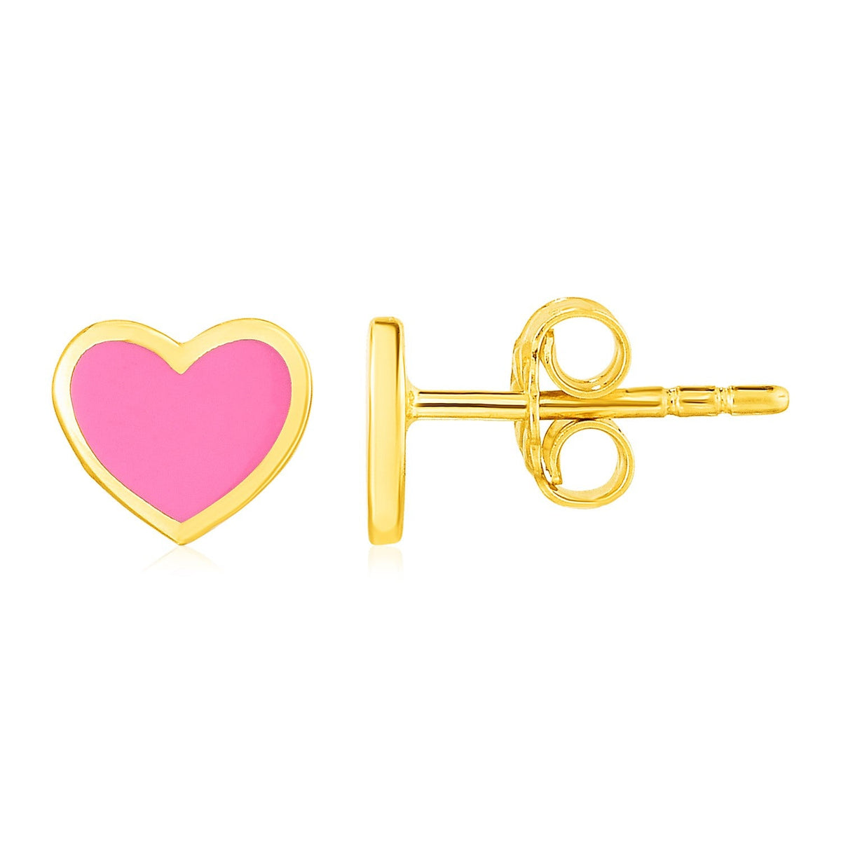 Pendientes de oro amarillo de 14k con esmalte de corazón rosa