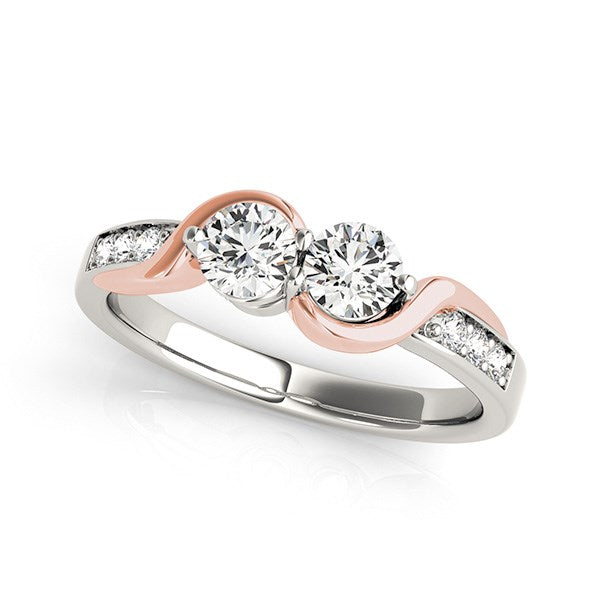 Anillo de banda curvada de dos diamantes redondos de oro blanco y rosa de 14k (5/8 ct. p.t.)