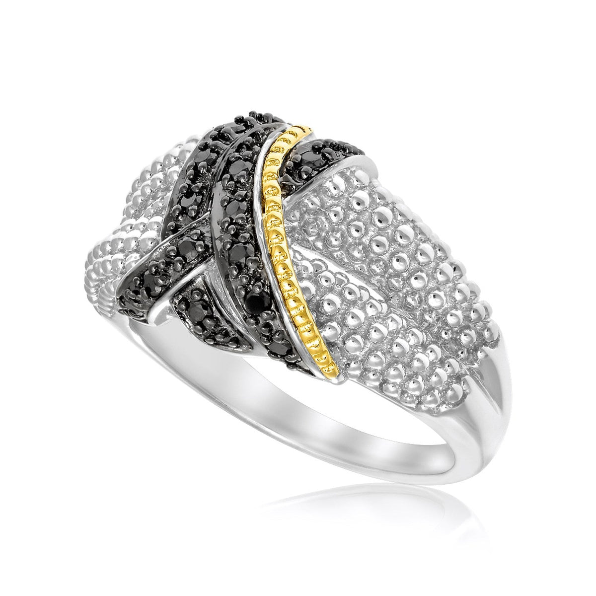 Anillo Entrelazado Popcorn de Oro Amarillo de 18k y Plata Fina con Diamantes Negros