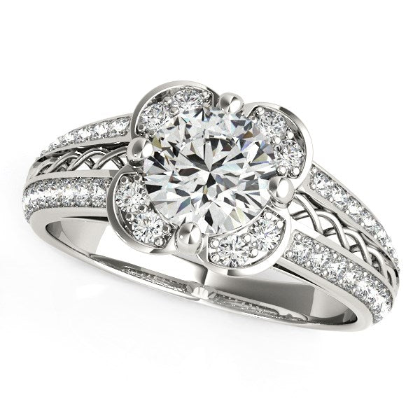 Anillo de compromiso con motivo floral y diamante redondo en oro blanco de 14k (1 3/8 cttw)