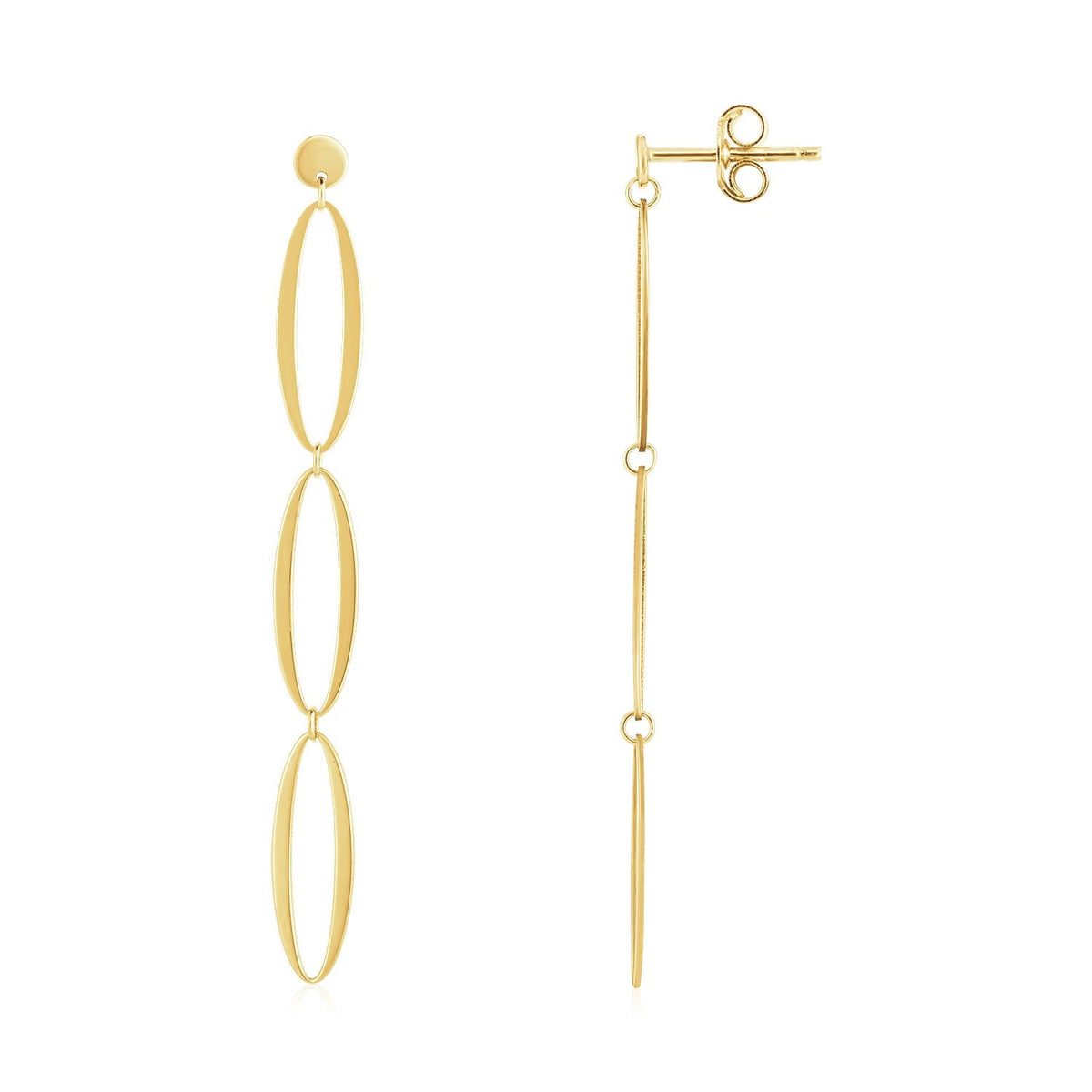 Pendientes colgantes de oro amarillo de 14 quilates con tres óvalos elegantes