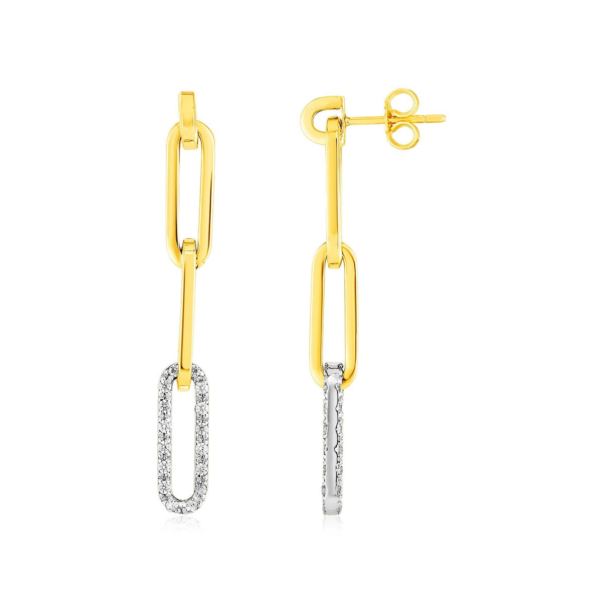 Aretes Colgantes de Cadena Paperclip de Oro Amarillo de 14k con Diamantes
