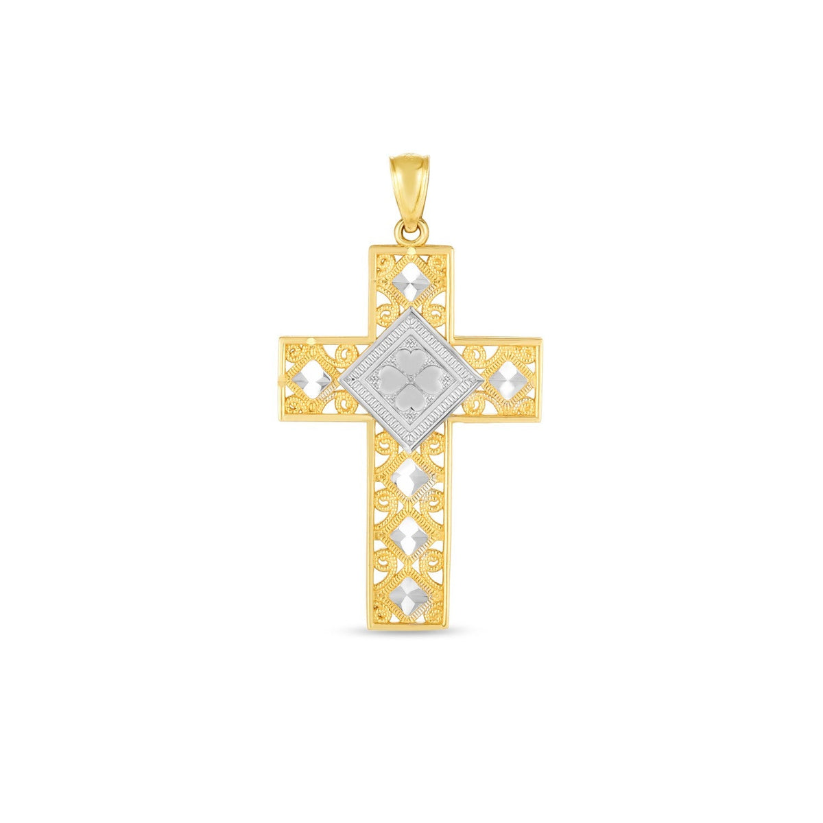 Colgante de cruz de oro de dos tonos de 14k con acabado pulido brillante y corte de diamante